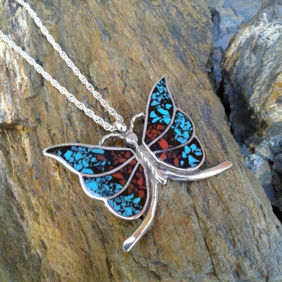 Jewelry - Sterling Silver Vintage Inlaid Butterfly NECKLACE